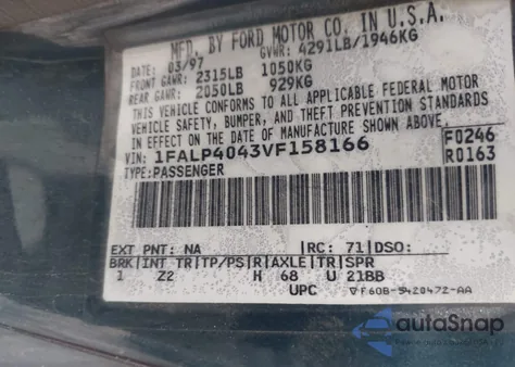 1997 Ford Mustang z USA, uszkodzony, nr VIN 1FALP4043VF158166